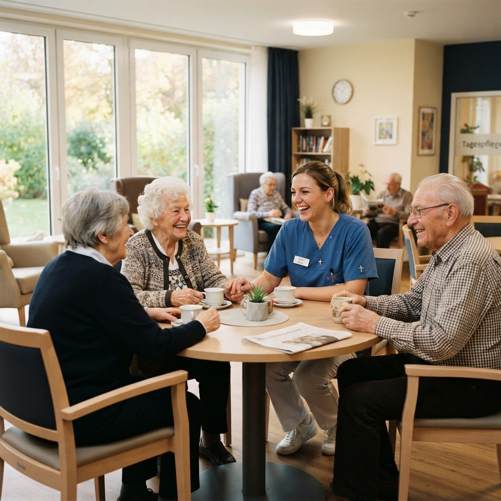 Pflegekraft im Gespräch mit Bewohnern